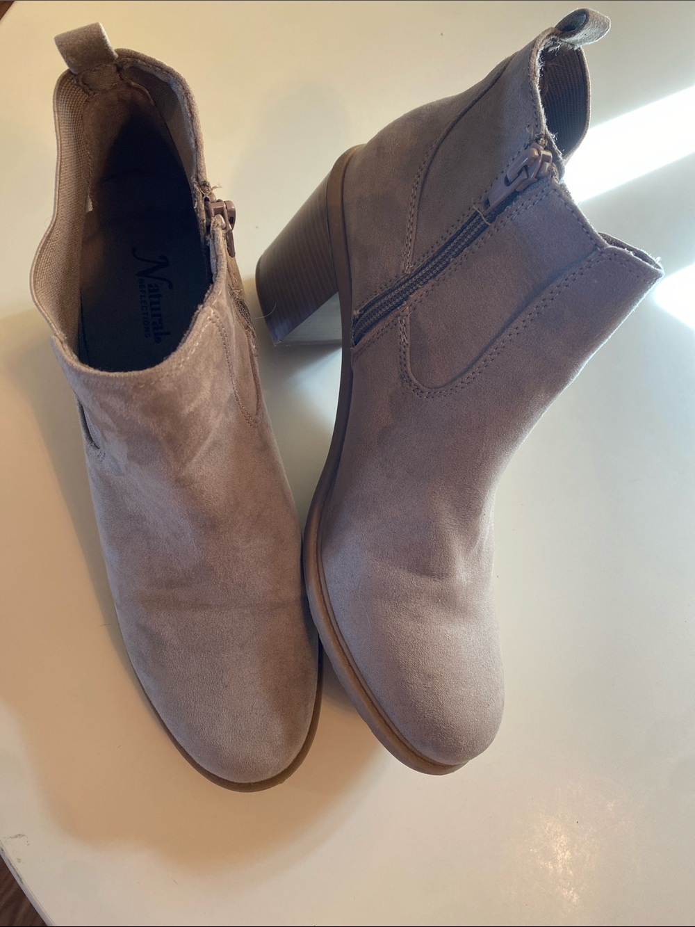 Natural Reflections Taupe Suede Ankle Booties with Side Zip-11W Academia Career